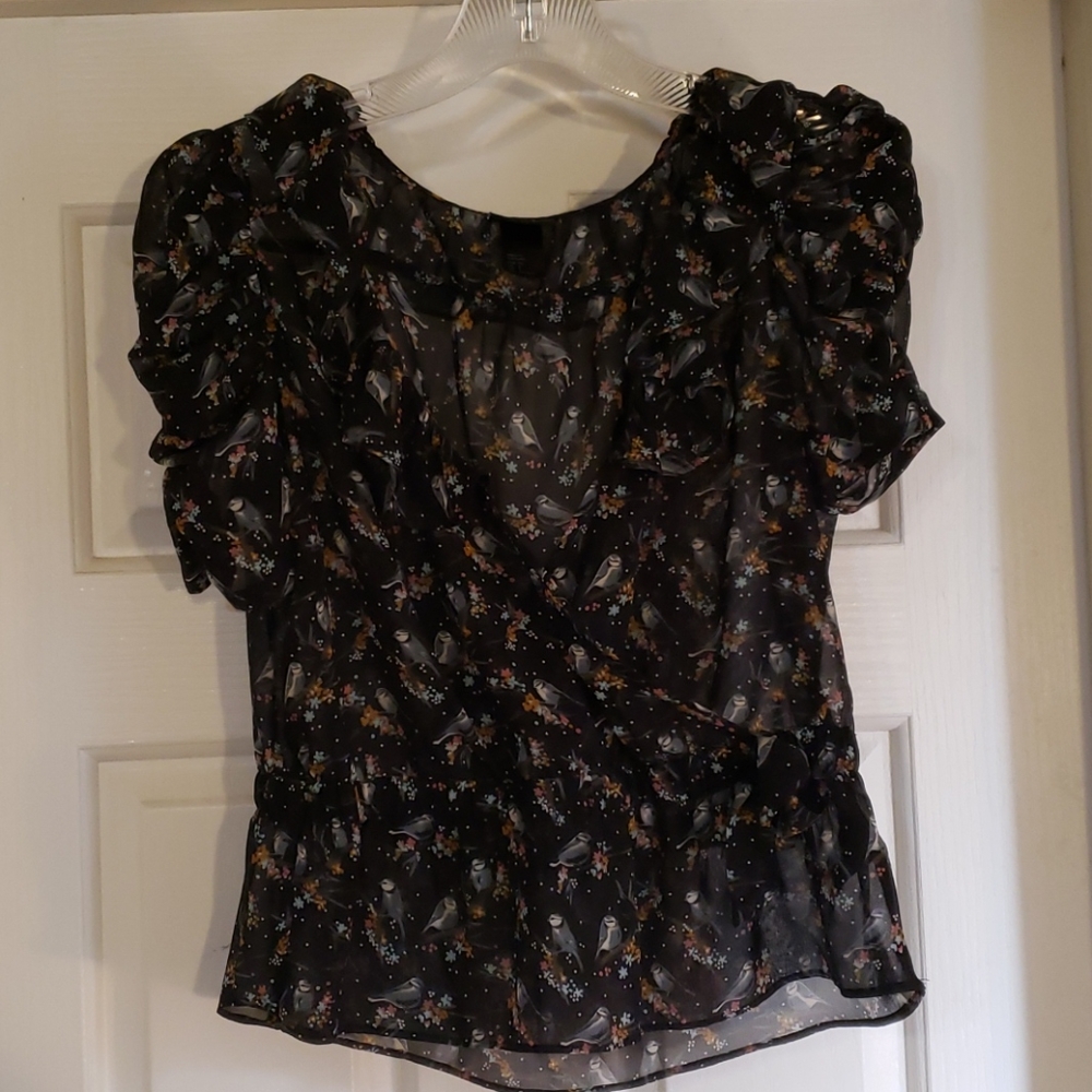 Bird floral black wrap blouse